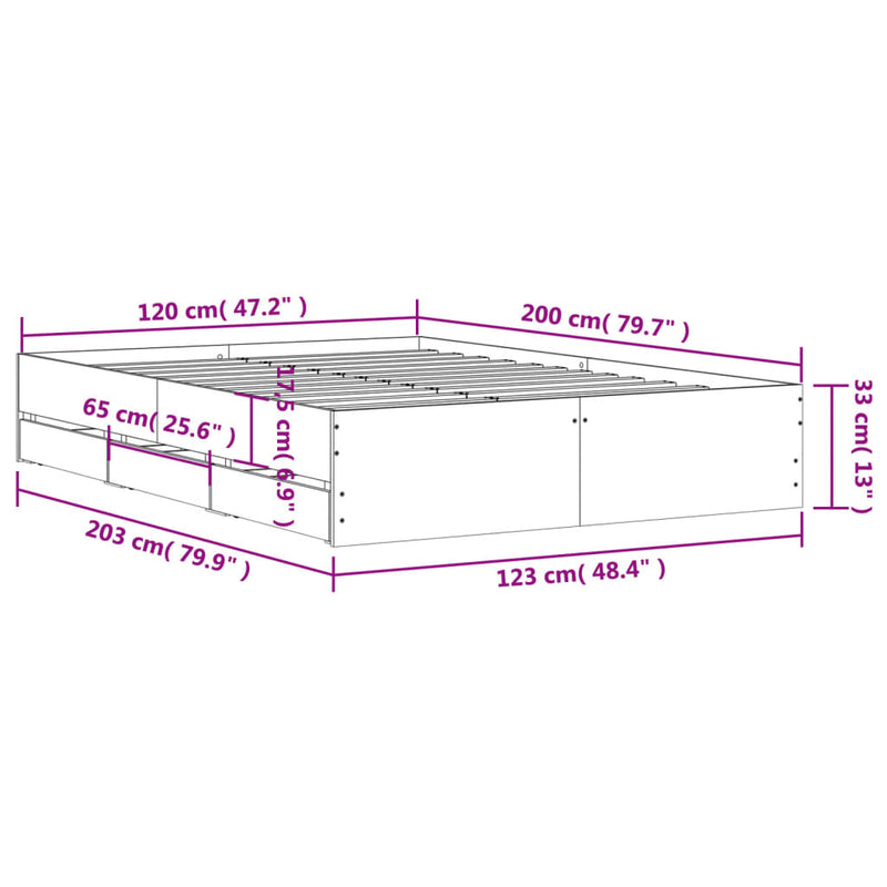 Sengeramme med skuffer sonoma eik 120x200 cm konstruert tre