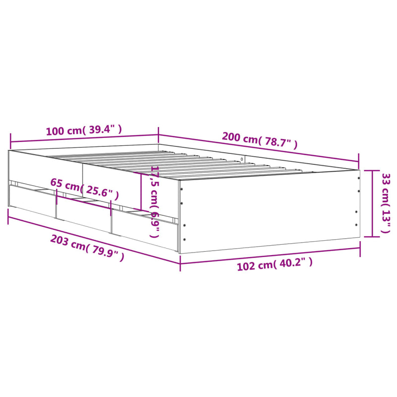 Sengeramme med skuffer sonoma eik 100x200 cm konstruert tre