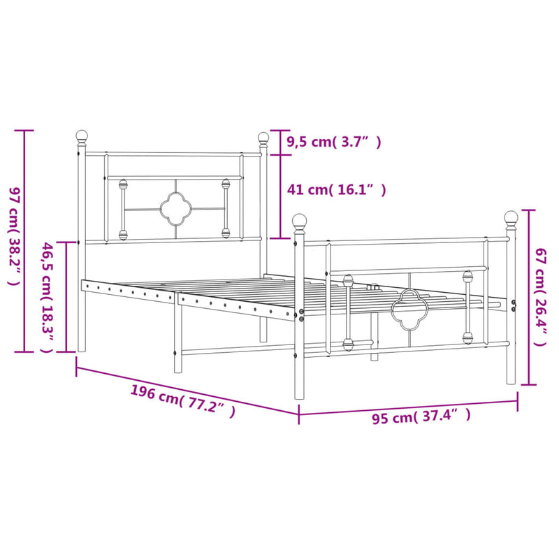 Sengeramme i metall med hode- og fotgavl hvit 90x190 cm