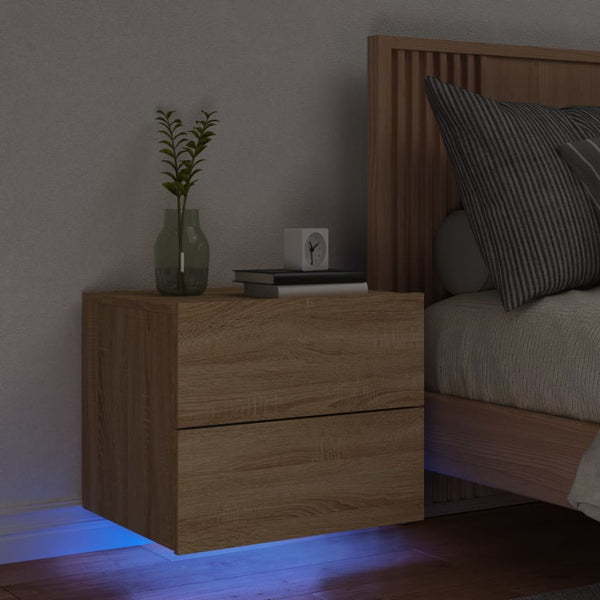 Vegghengt nattbord med LED-lys sonoma eik