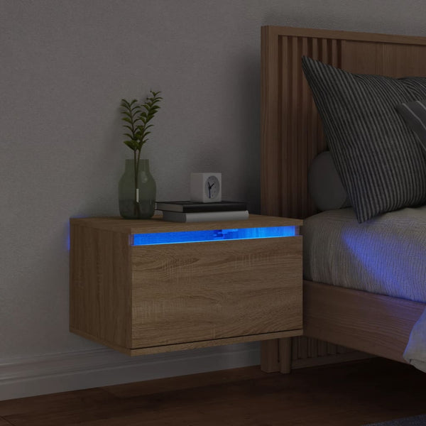 Vegghengt nattbord med LED-lys sonoma eik
