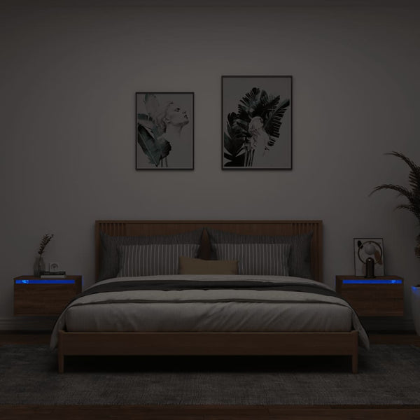 Vegghengte nattbord med LED-lys 2 stk brun eik