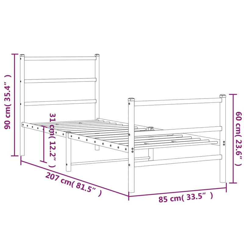 Sengeramme i metall med hode- og fotgavl hvit 80x200 cm