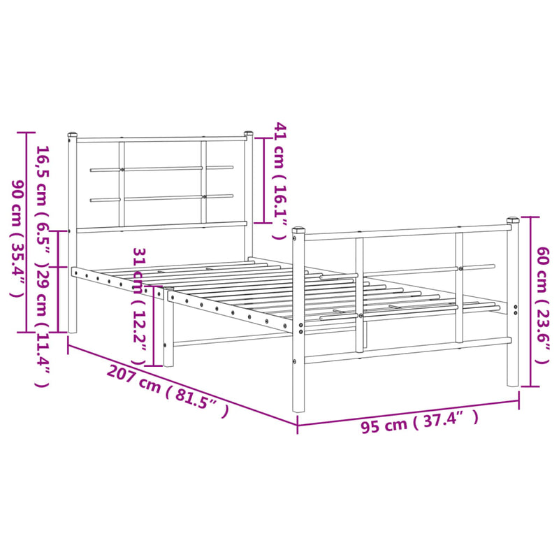 Sengeramme i metall med hode- og fotgavl svart 90x200 cm