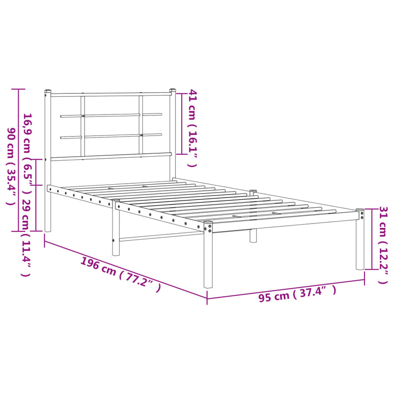 Sengeramme i metall med hodegavl hvit 90x190 cm