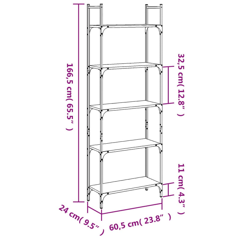 Bokhylle 5 etasjer røkt eik 60,5x24x166,5 cm konstruert tre