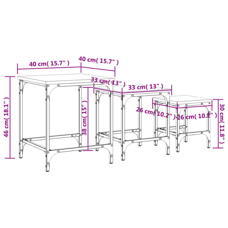 Stablebare salongbord 3 stk brun eik konstruert tre