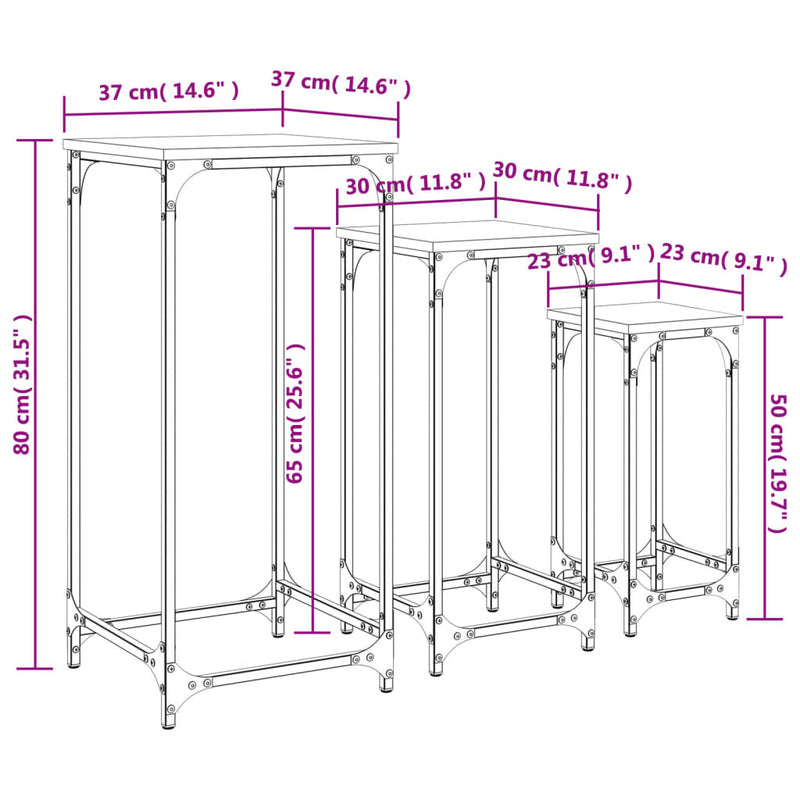 Stablebare sidebord 3 stk svart konstruert tre