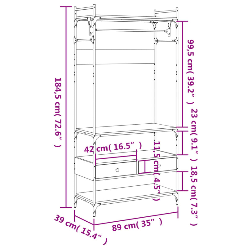 Garderobe med skuffer røkt eik 89x39x184,5 cm konstruert tre