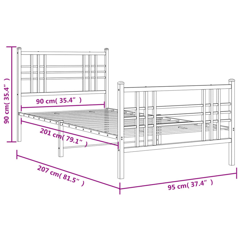 Sengeramme i metall med hode- og fotgavl hvit 90x200 cm