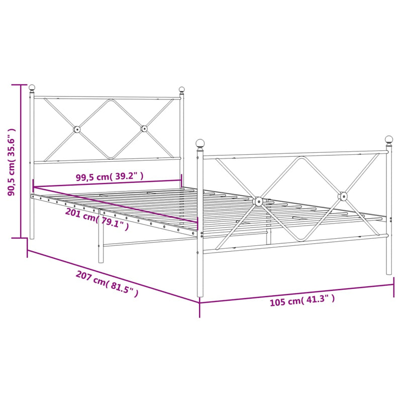 Sengeramme i metall med hode- og fotgavl hvit 100x200 cm