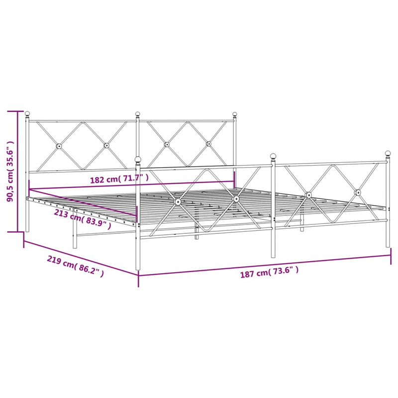 Sengeramme i metall med hode- og fotgavl hvit 183x213 cm