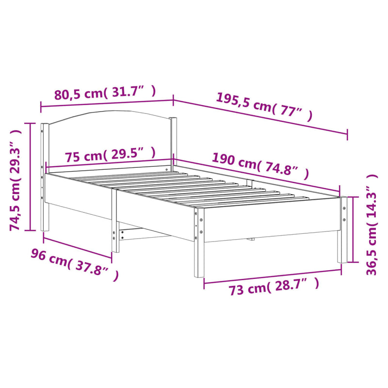 Sengeramme med hodegavl 75x190 cm heltre furu