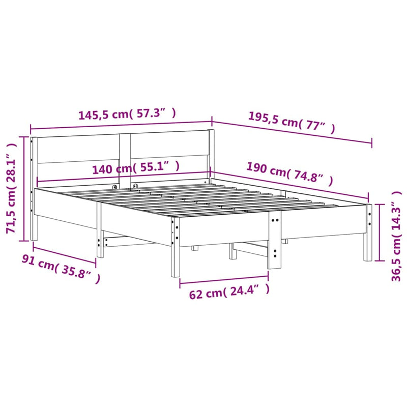 Sengeramme med hodegavl 140x190 cm heltre furu