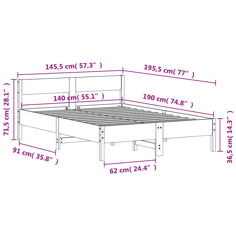 Sengeramme med hodegavl hvit 140x190 cm heltre furu