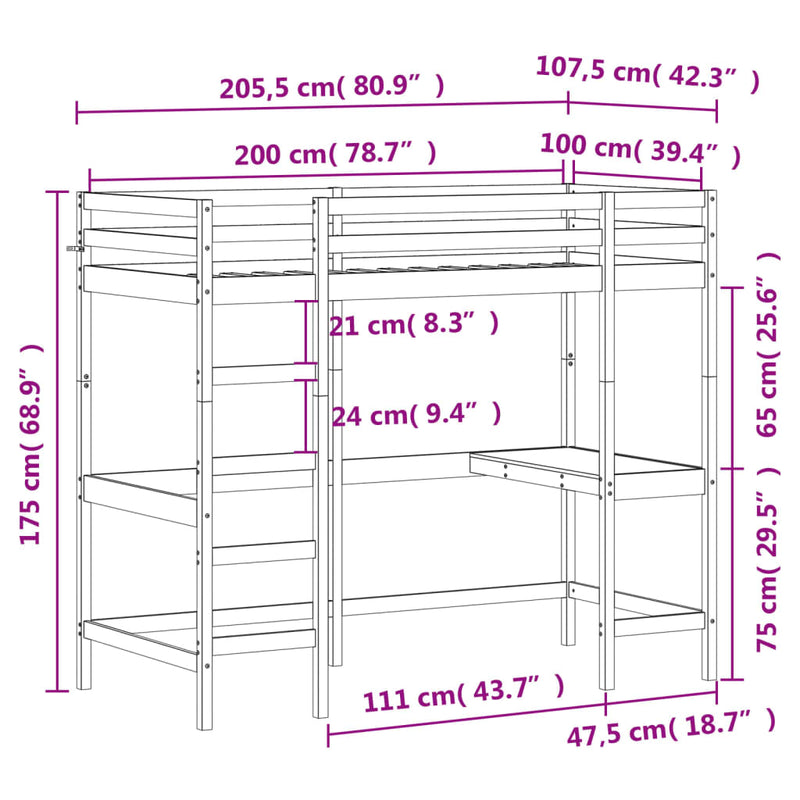 Køyeseng med skrivebord 100x200 cm heltre furu