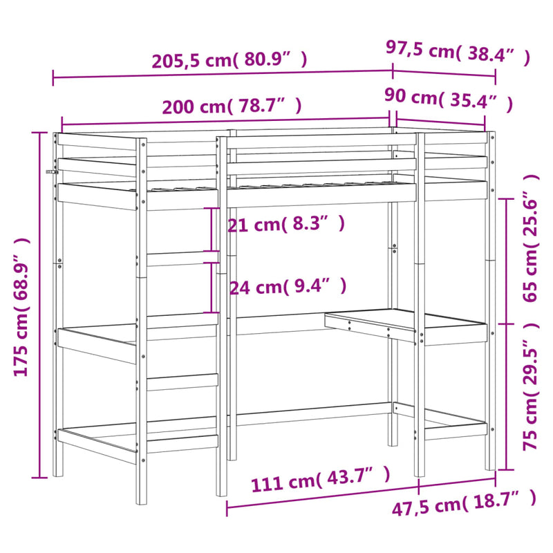 Køyeseng med skrivebord 90x200 cm heltre furu