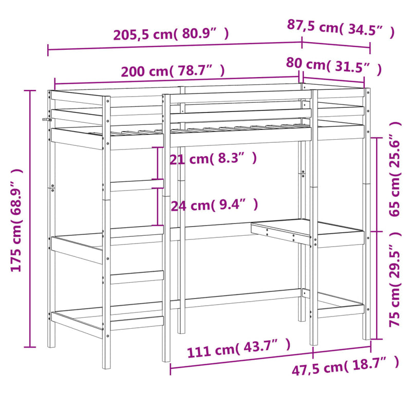 Køyeseng med skrivebord 80x200 cm heltre furu