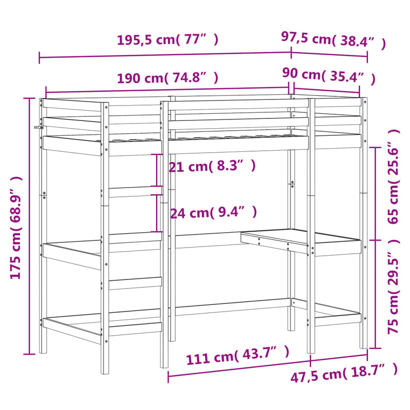 Køyeseng med skrivebord 90x190 cm heltre furu