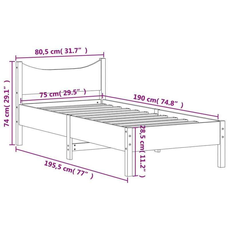 Sengeramme hvit 75x190 cm heltre furu