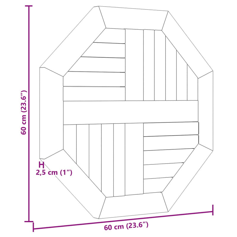 Bordplate 60x60x2,5 cm åttekantet heltre teak