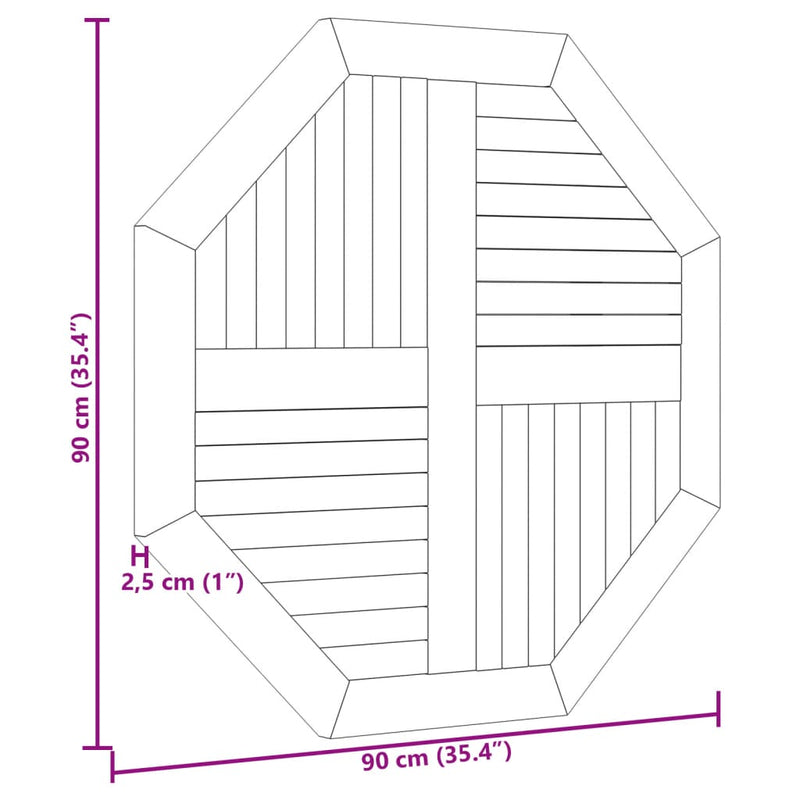 Bordplate 90x90x2,5 cm åttekantet heltre teak