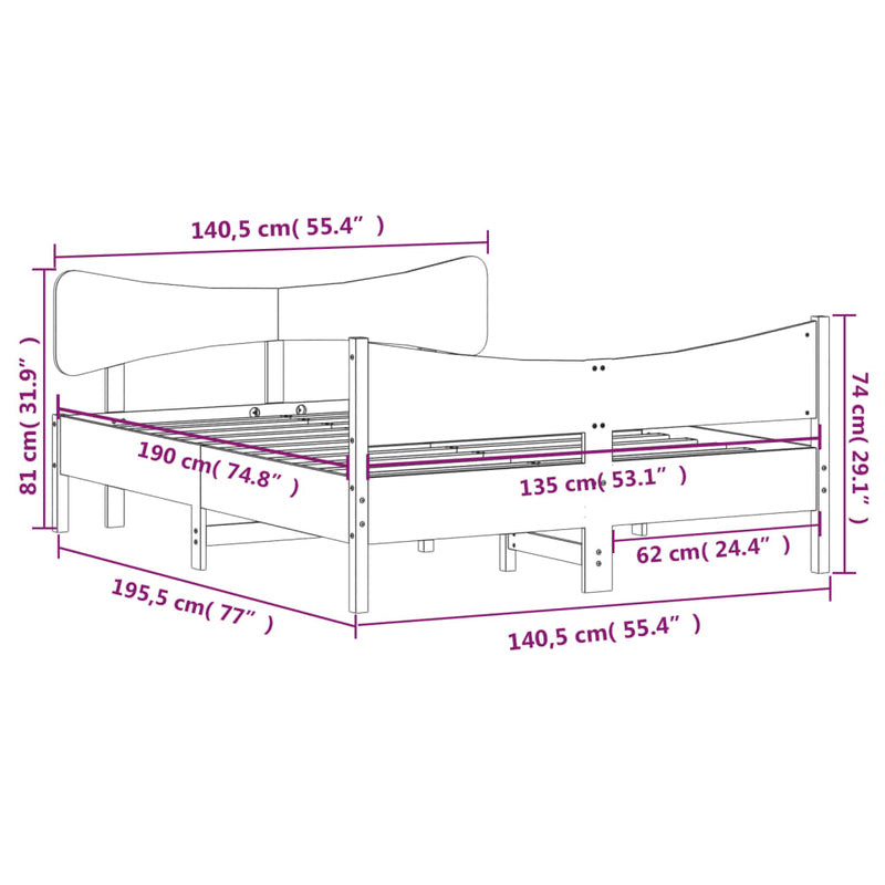 Sengeramme med hodegavl voksbrun 135x190 cm heltre furu