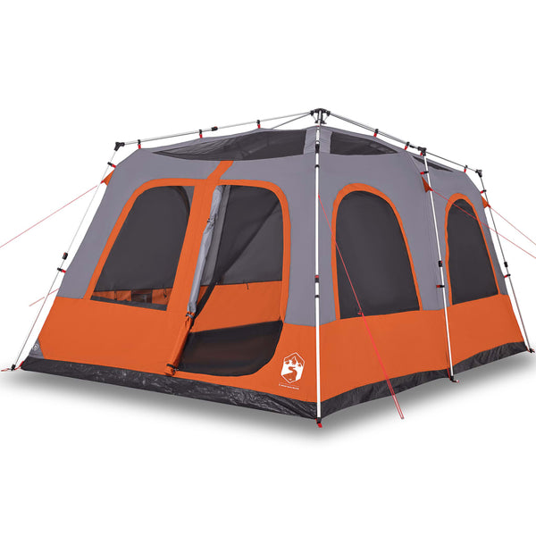 Kuppeltelt for camping 8 personer grå og oransje hurtigutløser