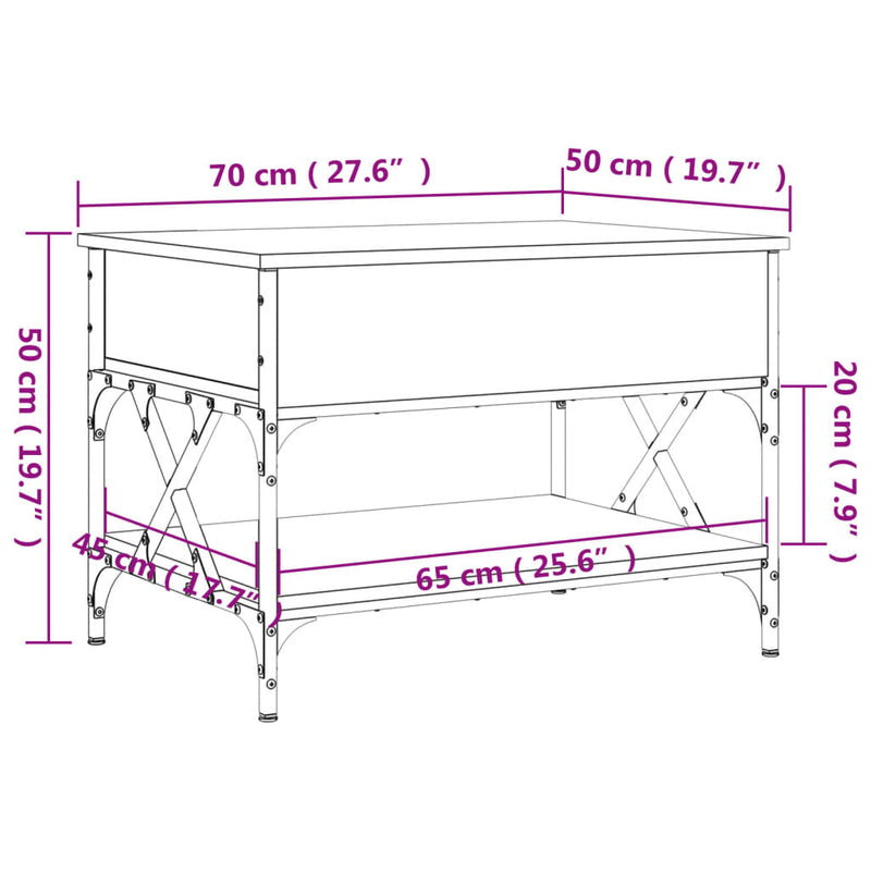 Salongbord røkt eik 70x50x50 cm konstruert tre og metall