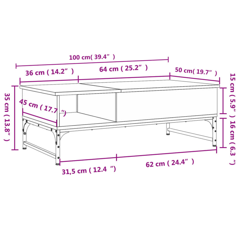 Salongbord sonoma eik 100x50x35 cm konstruert tre og metall