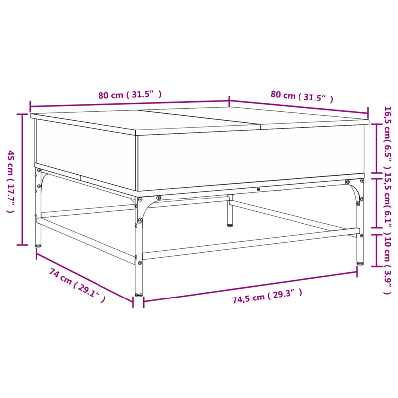 Salongbord røkt eik 80x80x45 cm konstruert tre og metall