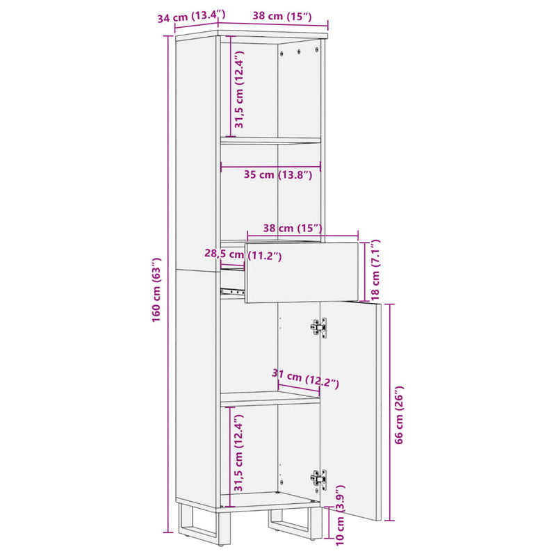 Skjenk brun 38x34x160 cm heltre mango