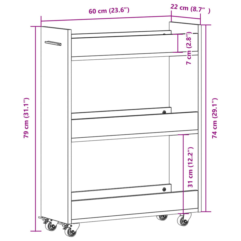 Sidebord med hjul sonoma eik 60x22x79 cm konstruert tre