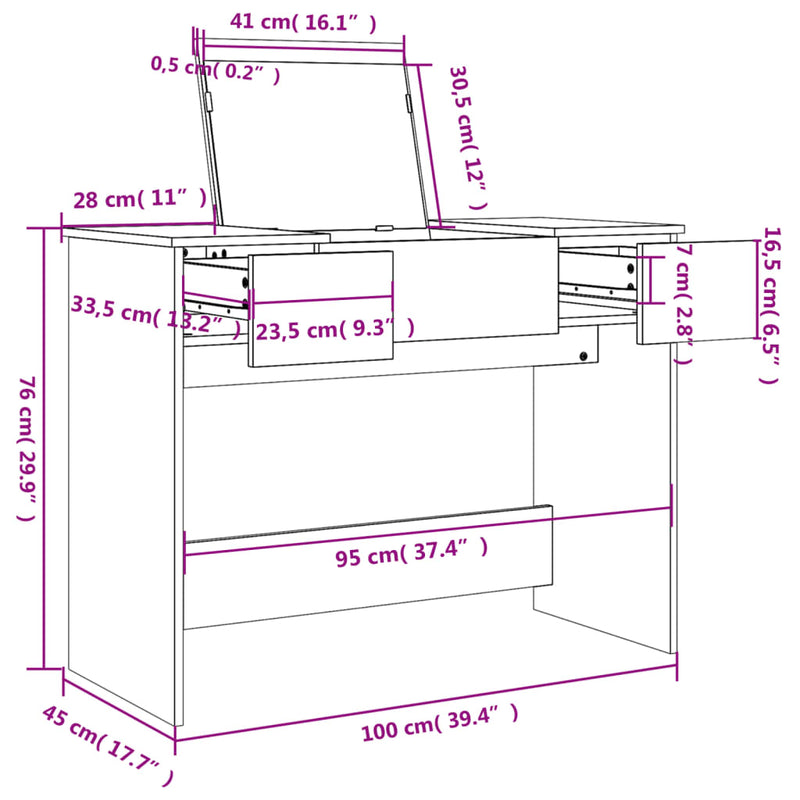 Sminkebord med speil hvit 100x45x76 cm