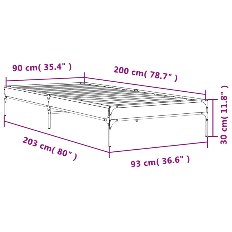 Sengeramme grå sonoma 90x200 cm konstruert tre og metall