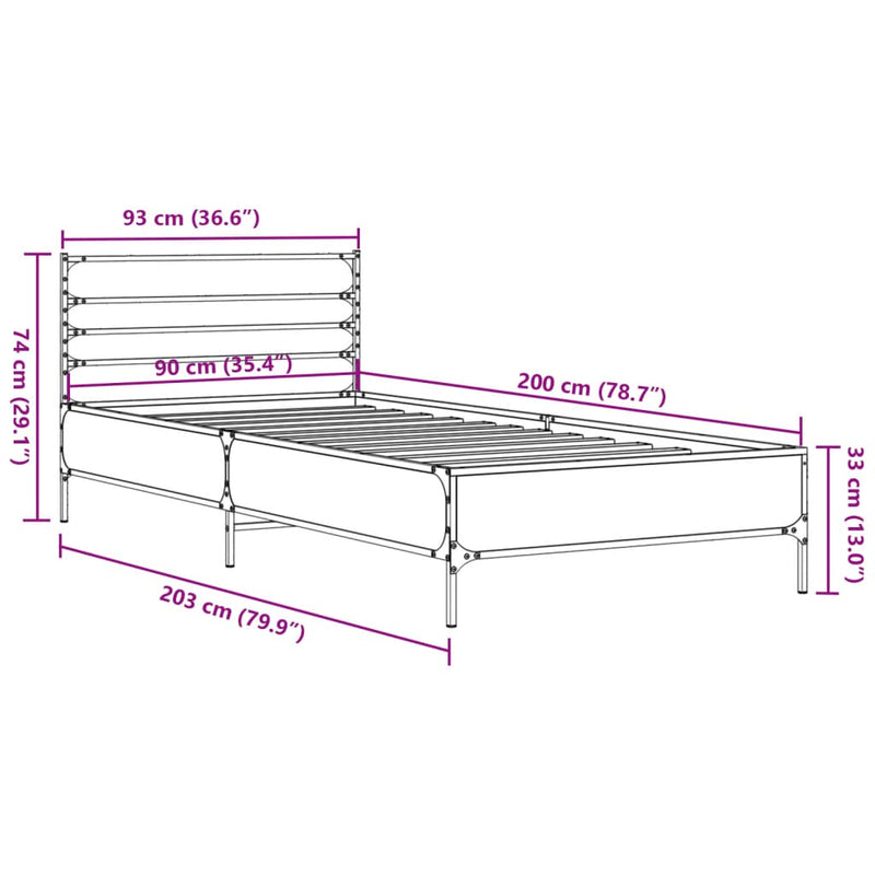 Sengeramme sonoma eik 90x200 cm konstruert tre og metall