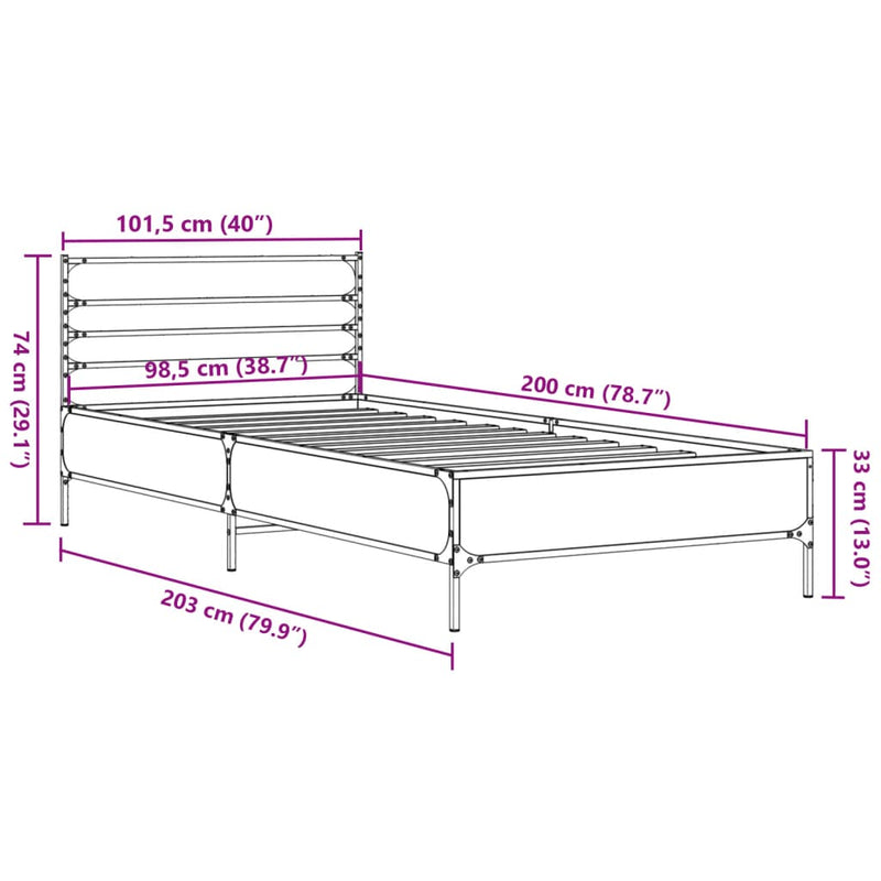 Sengeramme brun eik 100x200 cm konstruert tre og metall