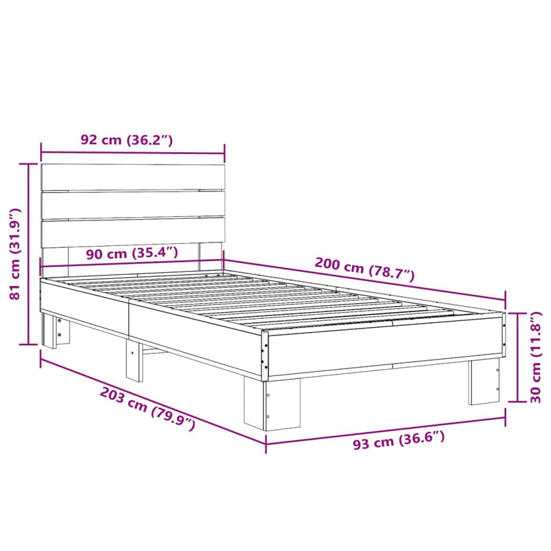 Sengeramme sonoma eik 90x200 cm konstruert tre og metall