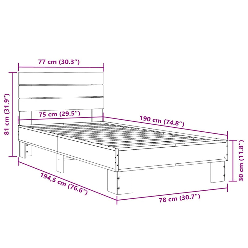 Sengeramme brun eik 75x190 cm konstruert tre og metall