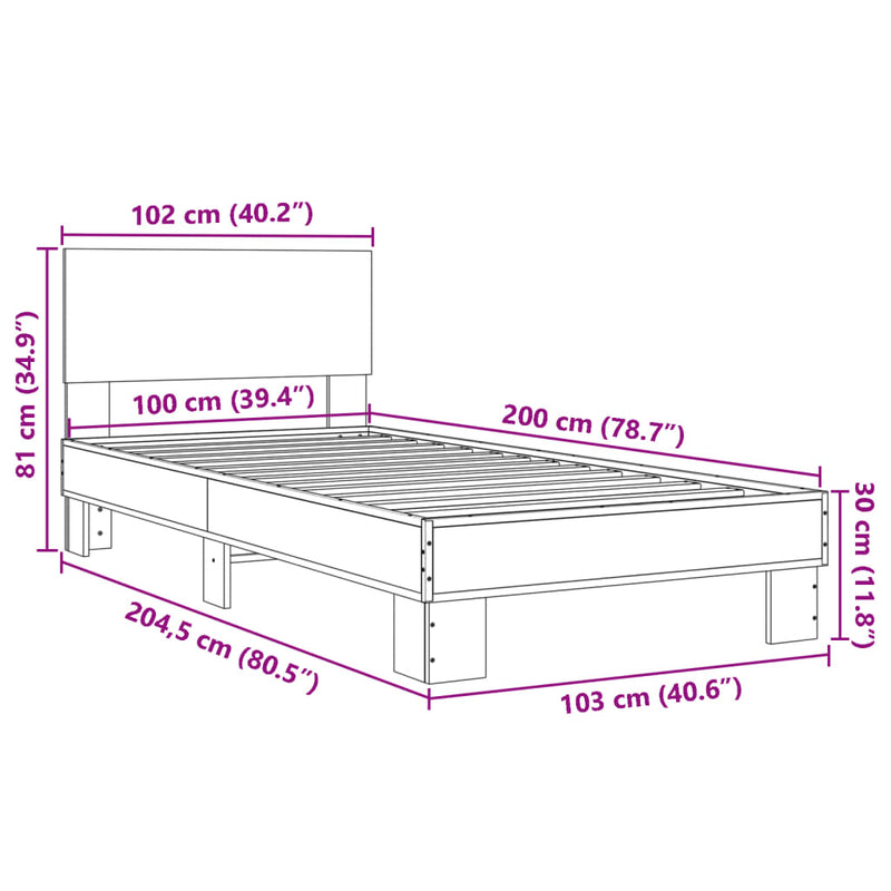 Sengeramme brun eik 100x200 cm konstruert tre og metall