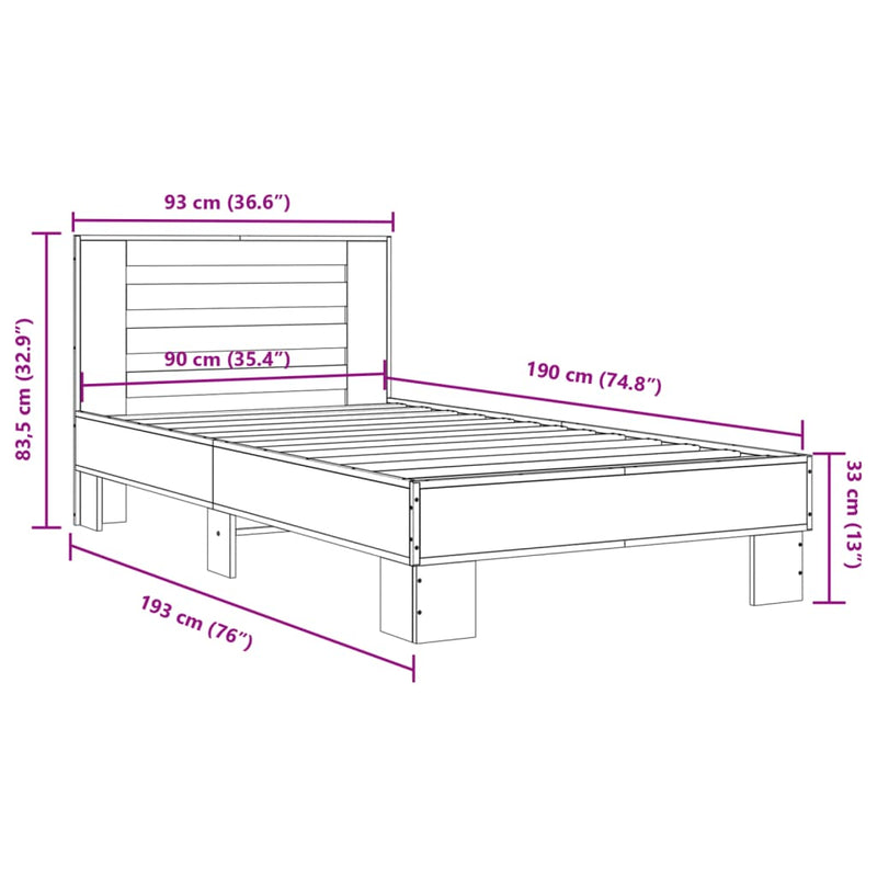 Sengeramme grå sonoma 90x190 cm konstruert tre og metall