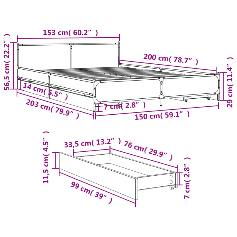 Sengeramme med skuffer røkt eik 150x200 cm konstruert tre