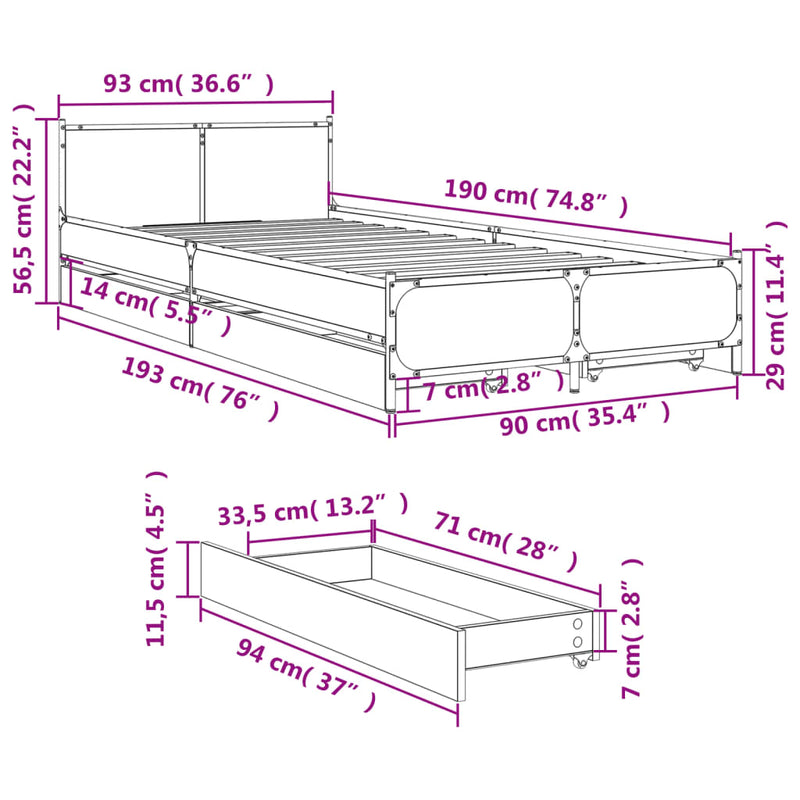 Sengeramme med skuffer sonoma eik 90x190 cm konstruert tre