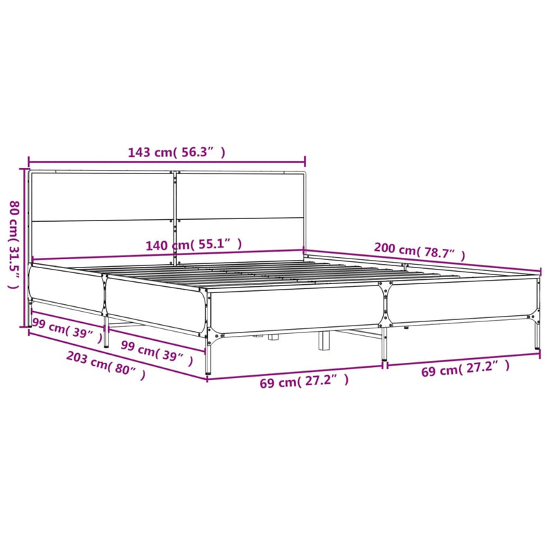 Sengeramme brun eik 140x200 cm konstruert tre og metall