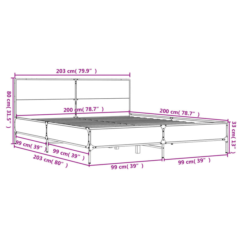 Sengeramme sonoma eik 200x200 cm konstruert tre og metall