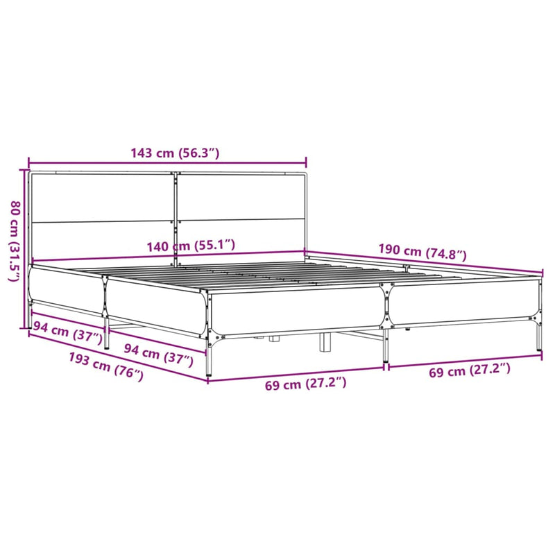 Sengeramme sonoma eik 140x190 cm konstruert tre og metall