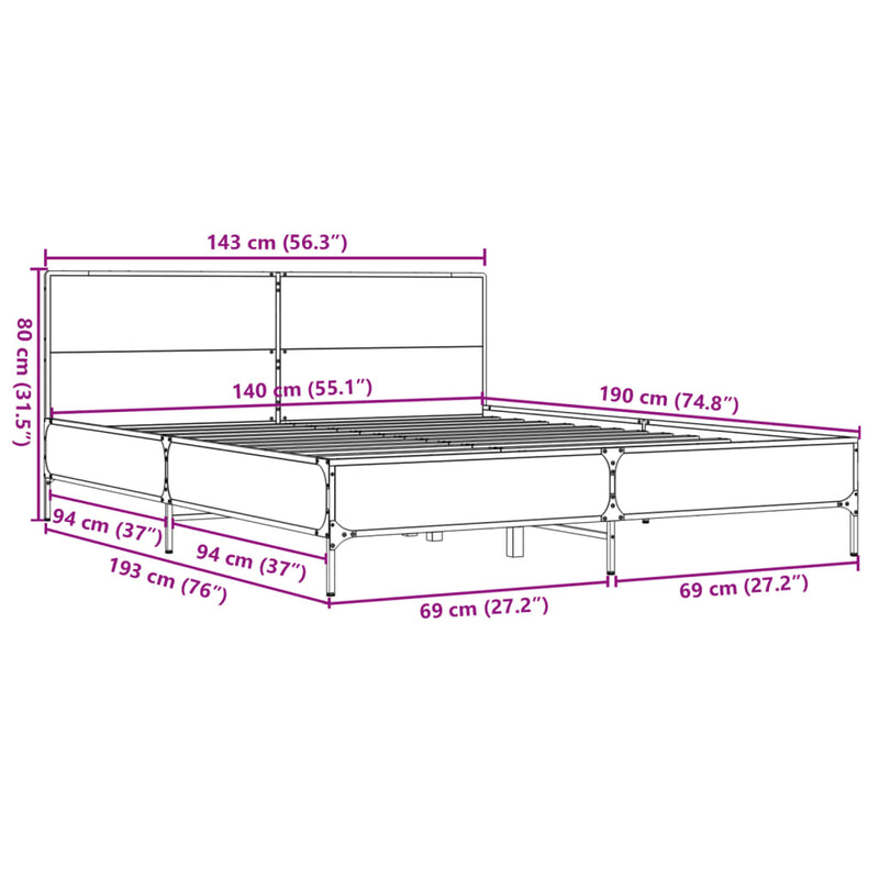 Sengeramme røkt eik 140x190 cm konstruert tre og metall