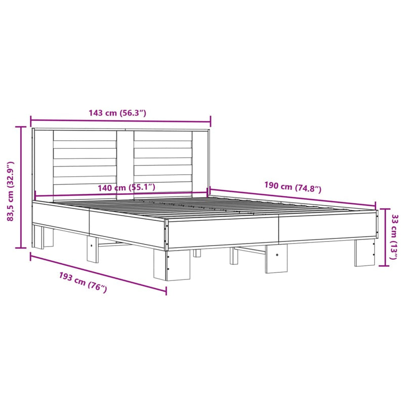 Sengeramme sonoma eik 140x190 cm konstruert tre og metall