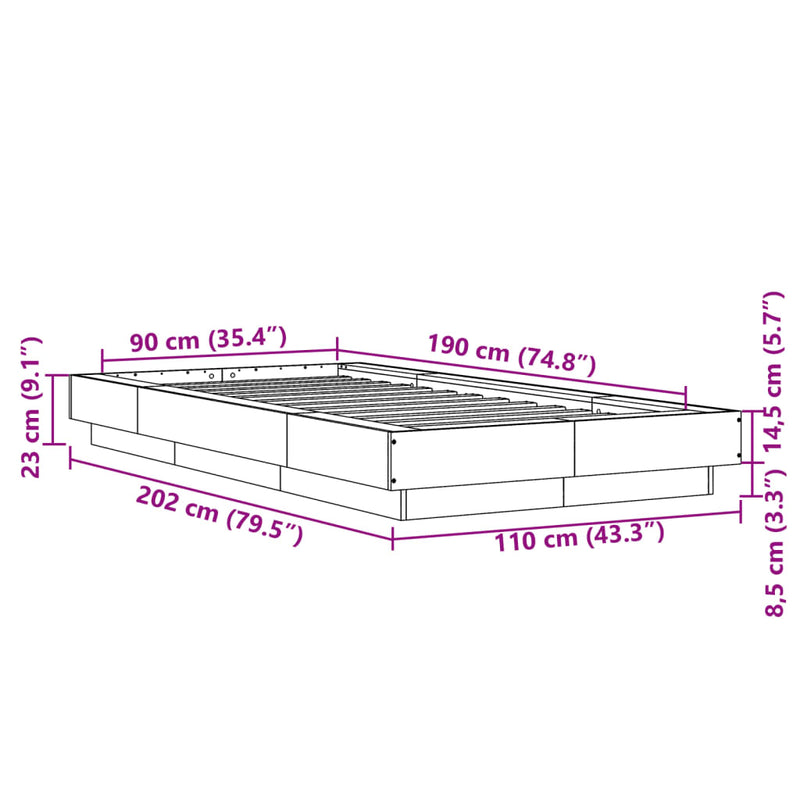 Sengeramme sonoma eik 90x190 cm konstruert tre