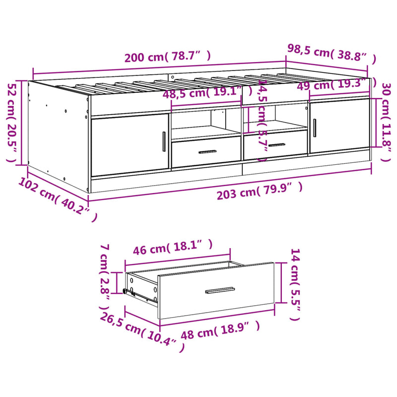 Dagseng med skuffer hvit 100x200 cm konstruert tre